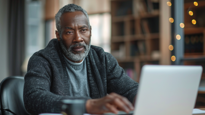 He's concerned about cybersecurity. A man sits at his desk in front of his laptop. 