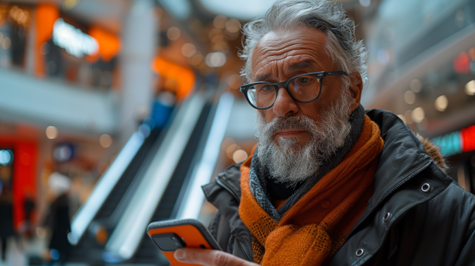 A man looks at his phone and wonders about data protection.