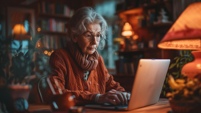 An older woman sits at her desk looking at her laptop. She wants to learn about network security.