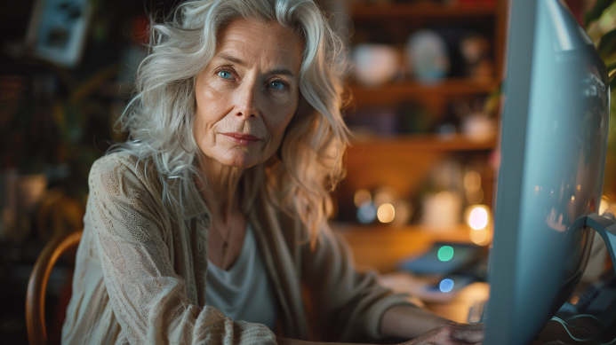 A woman sits at a desk with her computer. She is wondering about phishing scams examples.