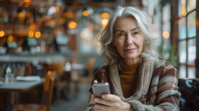 a woman sits in a cafe looking at her phone. She is wondering about online privacy.