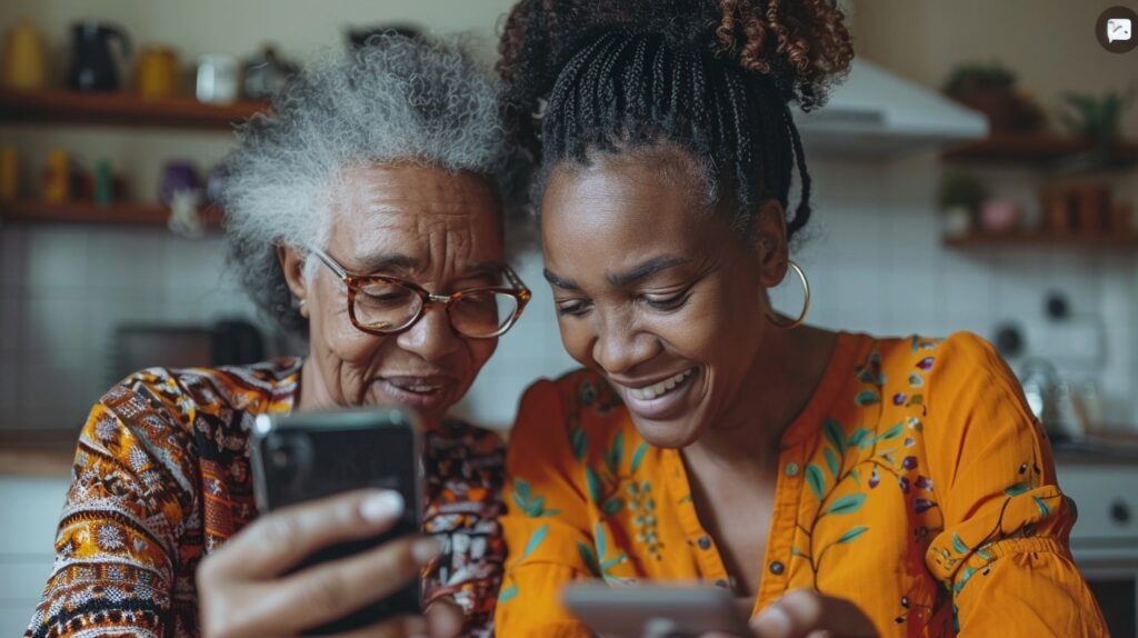 a woman sits with her daughter looking at their phones. They are learning about secure file sharing. 