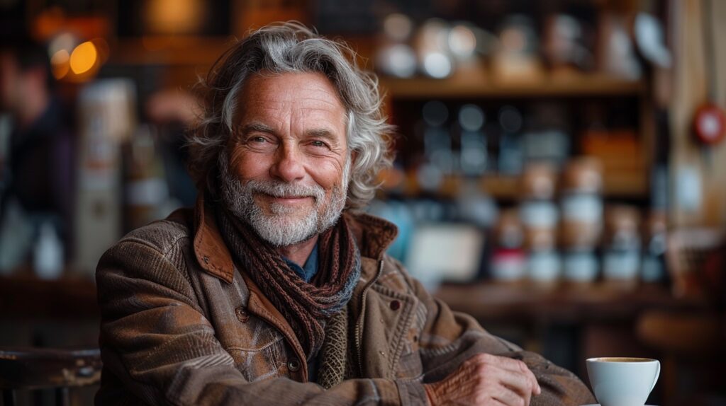 A man smiles at the camera while sitting at his desk. He is happy to look at work from home jobs for retirees. 