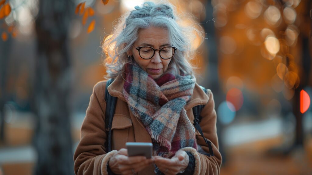 A woman is walking in the park. She know two-factor authentication is important for security. 