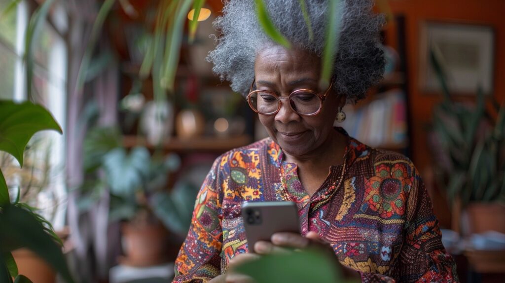 A woman stands in her living room looking at her phone. She's wondering about secure online banking.